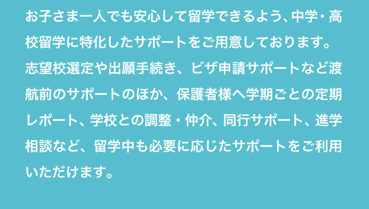 志望校選定・願書手続き・ビザ申請等の渡航前サポートの他、学校との仲介・進学相談などの留学中のサポートも、必要に応じてご利用いただけます。