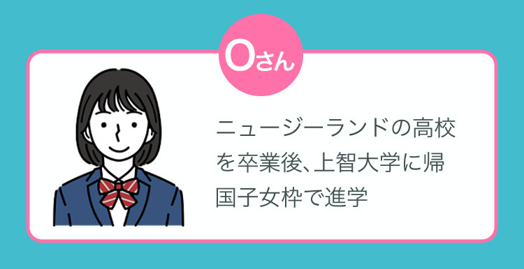 Oさん：ニュージーランドの高校を卒業後、上智大学に帰国子女枠で進学